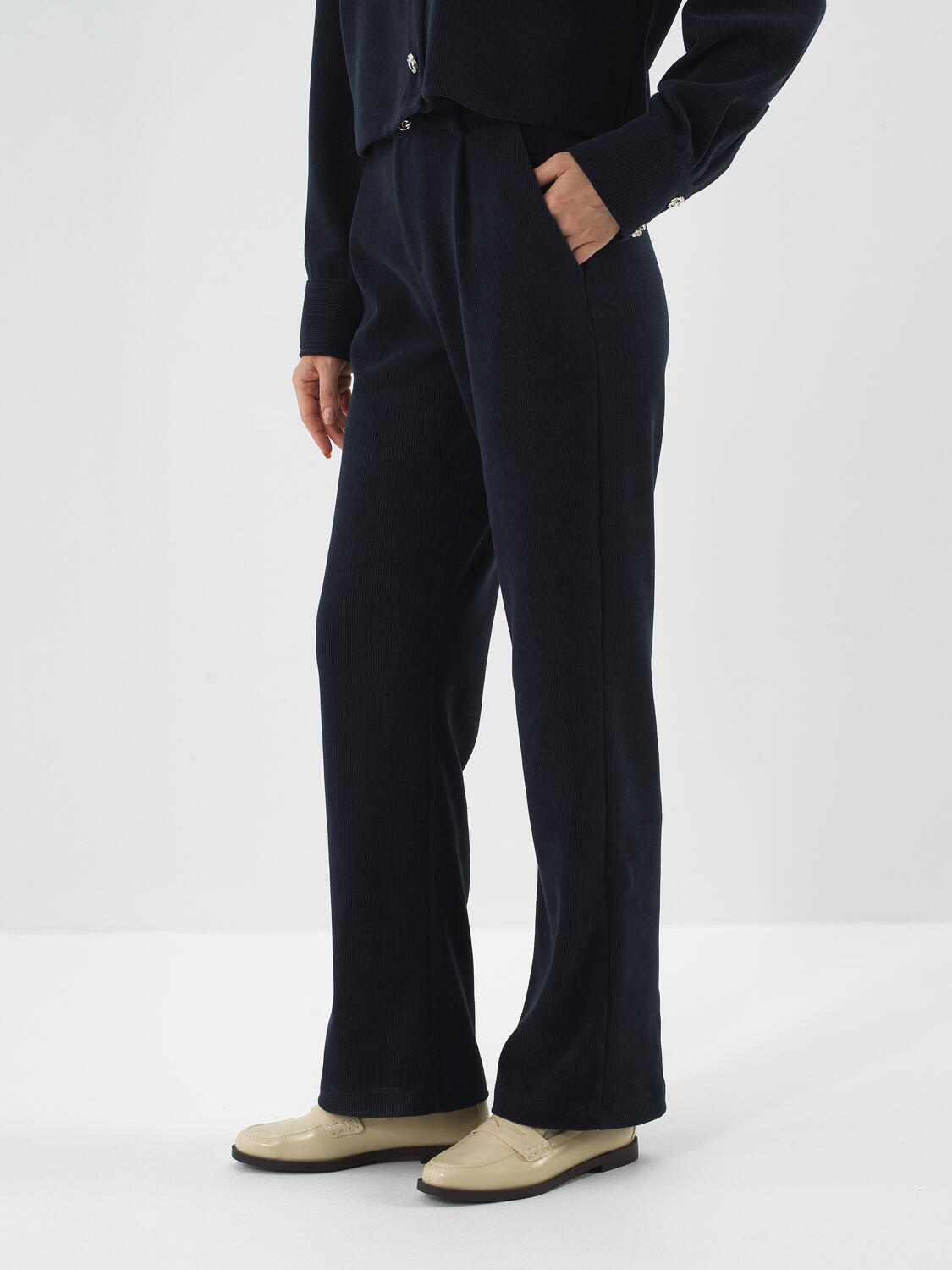 Navy Blue Luxury Textured Soft Velvet Regular Fit Trousers