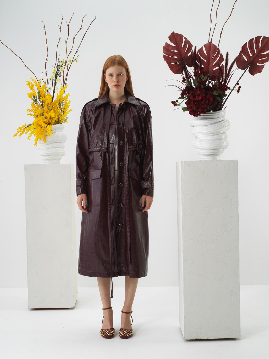 Burgundy Leather Look Regular Fit Raincoat