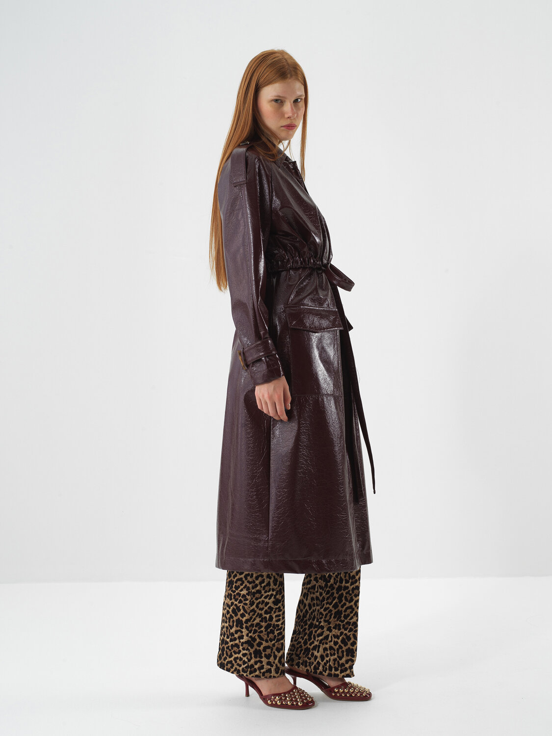 Burgundy Leather Look Regular Fit Raincoat - Xint