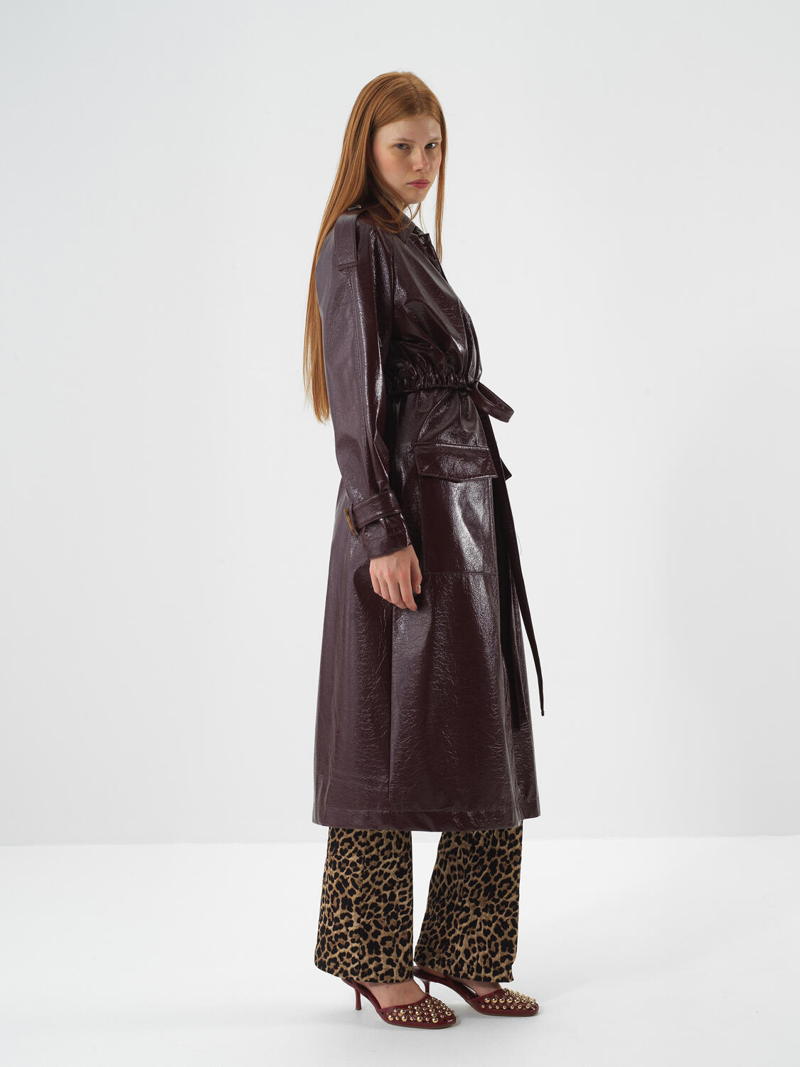 Burgundy Leather Look Regular Fit Raincoat - 5