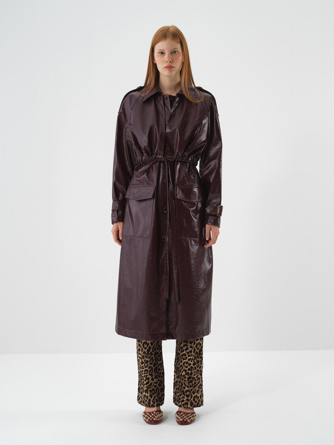 Burgundy Leather Look Regular Fit Raincoat - 4