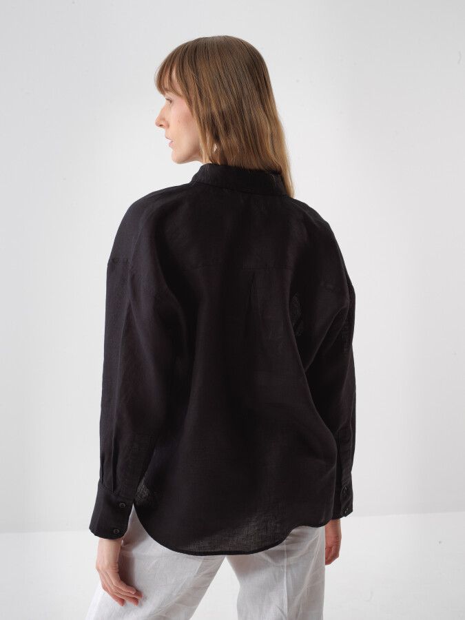 Black Oversize Linen Shirt - 4