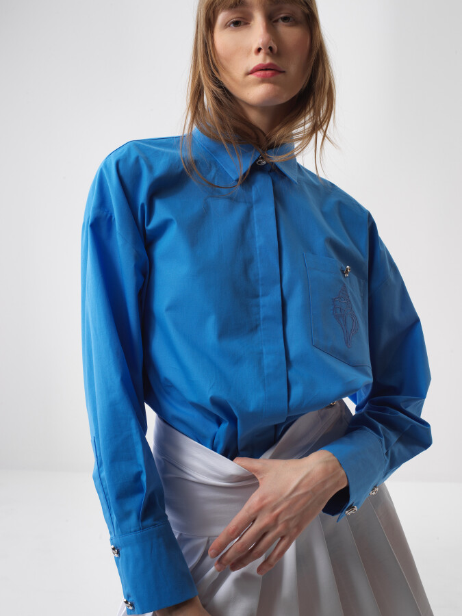Blue Oversize Cotton Shirt - 5