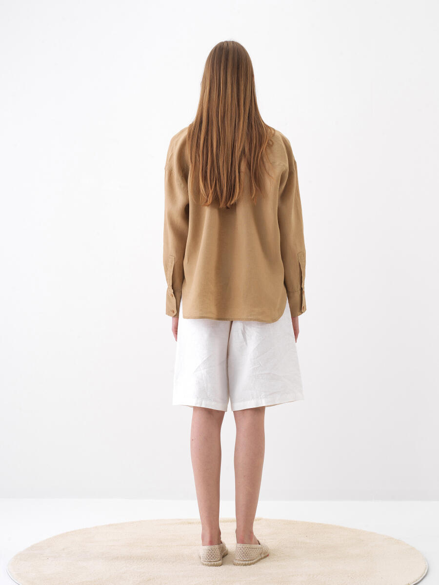 Camel Oversize Linen Shirt - 4