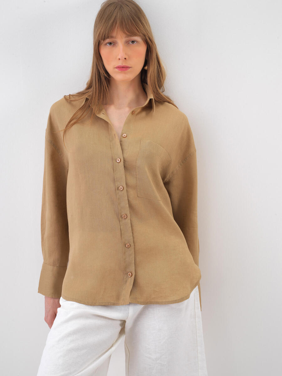 Camel Oversize Linen Shirt - 1