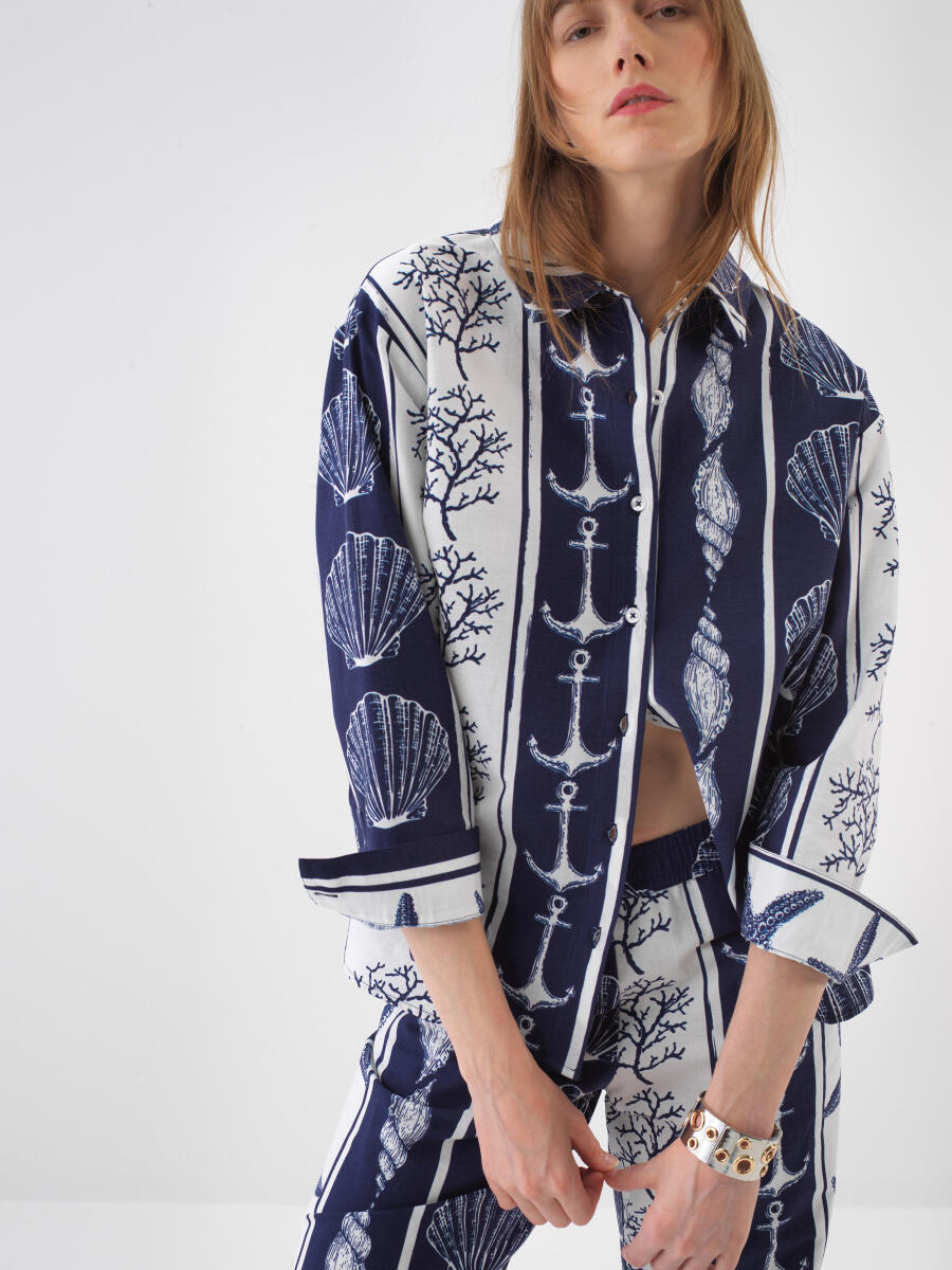 Navy Blue Oversize Linen Shirt - 1