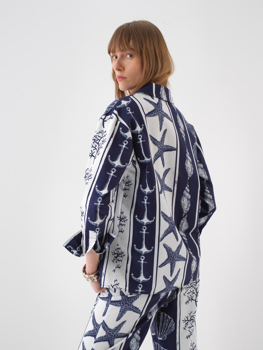 Navy Blue Oversize Linen Shirt - 4