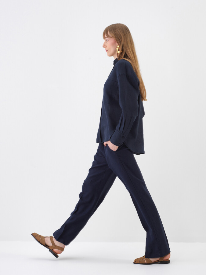 Navy Blue Oversize Linen Shirt - 3