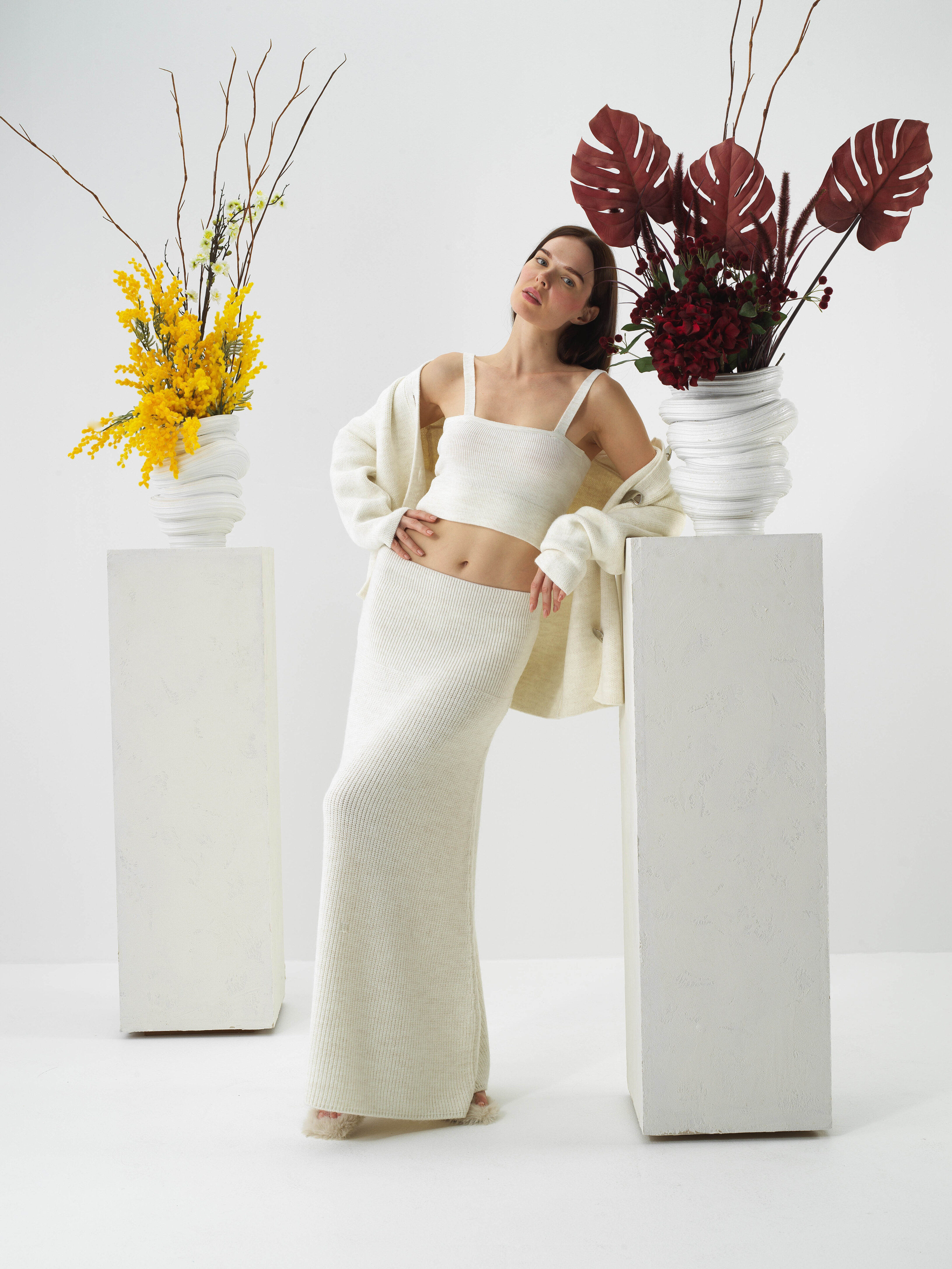 Ecru Natural Wool Textured Oversize Skirt - Xint