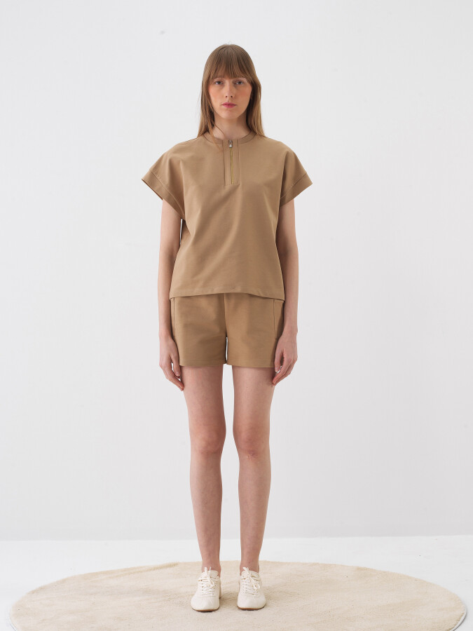 Camel Oversize Cotton Shorts - 5
