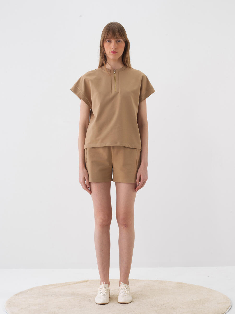 Camel Oversize Cotton Shorts - 5