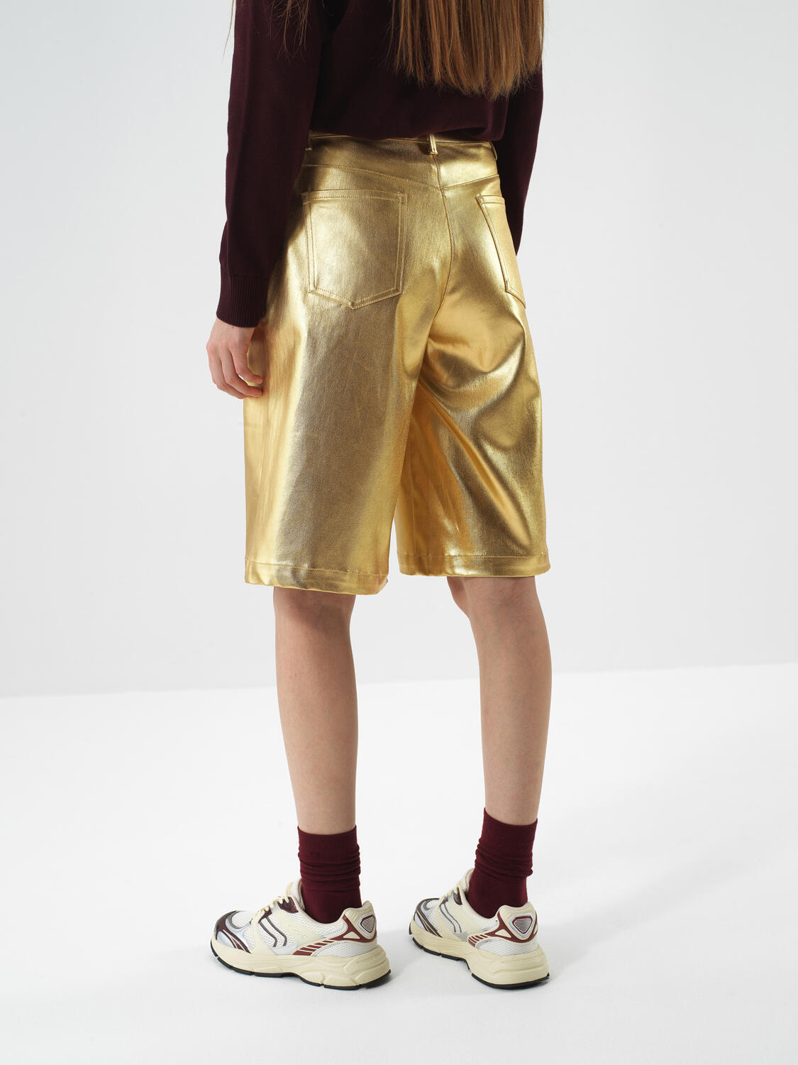 Gold Cotton Textured Oversize Shorts - 5