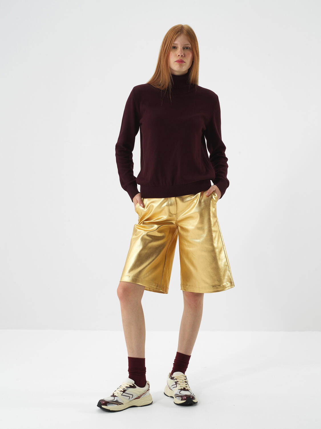 Gold Cotton Textured Oversize Shorts - 2