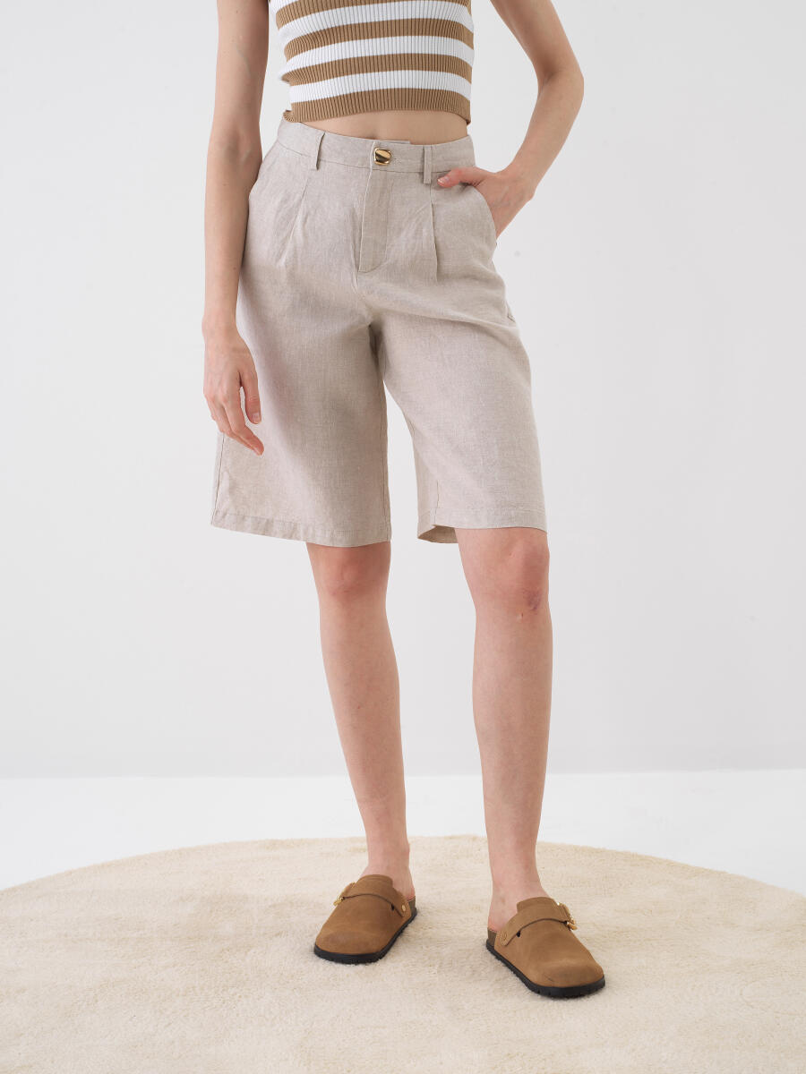 Natural Oversize Linen Shorts - 1