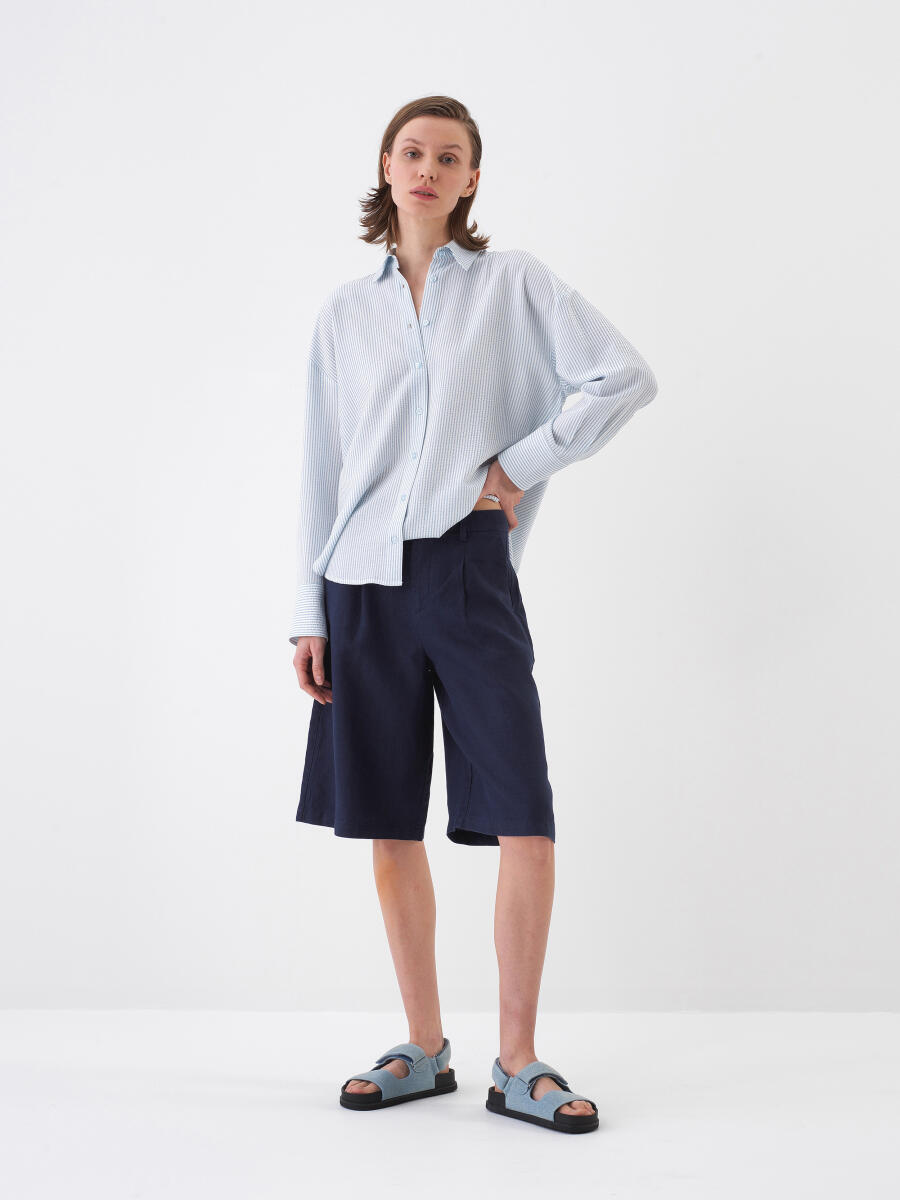 Navy Blue Oversize Linen Shorts - 5