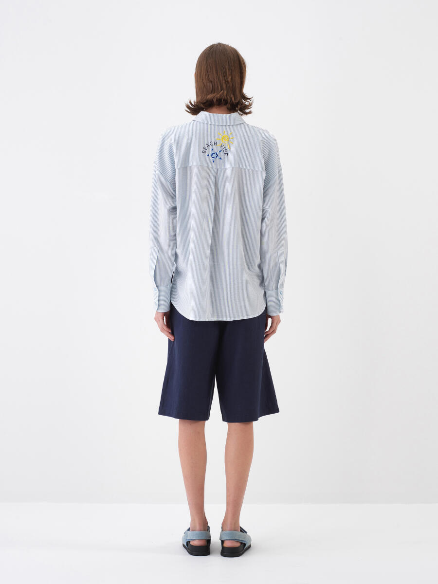 Navy Blue Oversize Linen Shorts - 4