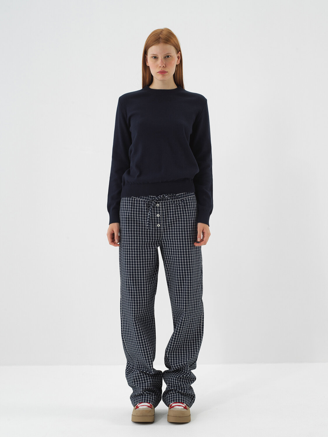 Navy Blue Cotton Textured Oversized Sweater - Xint