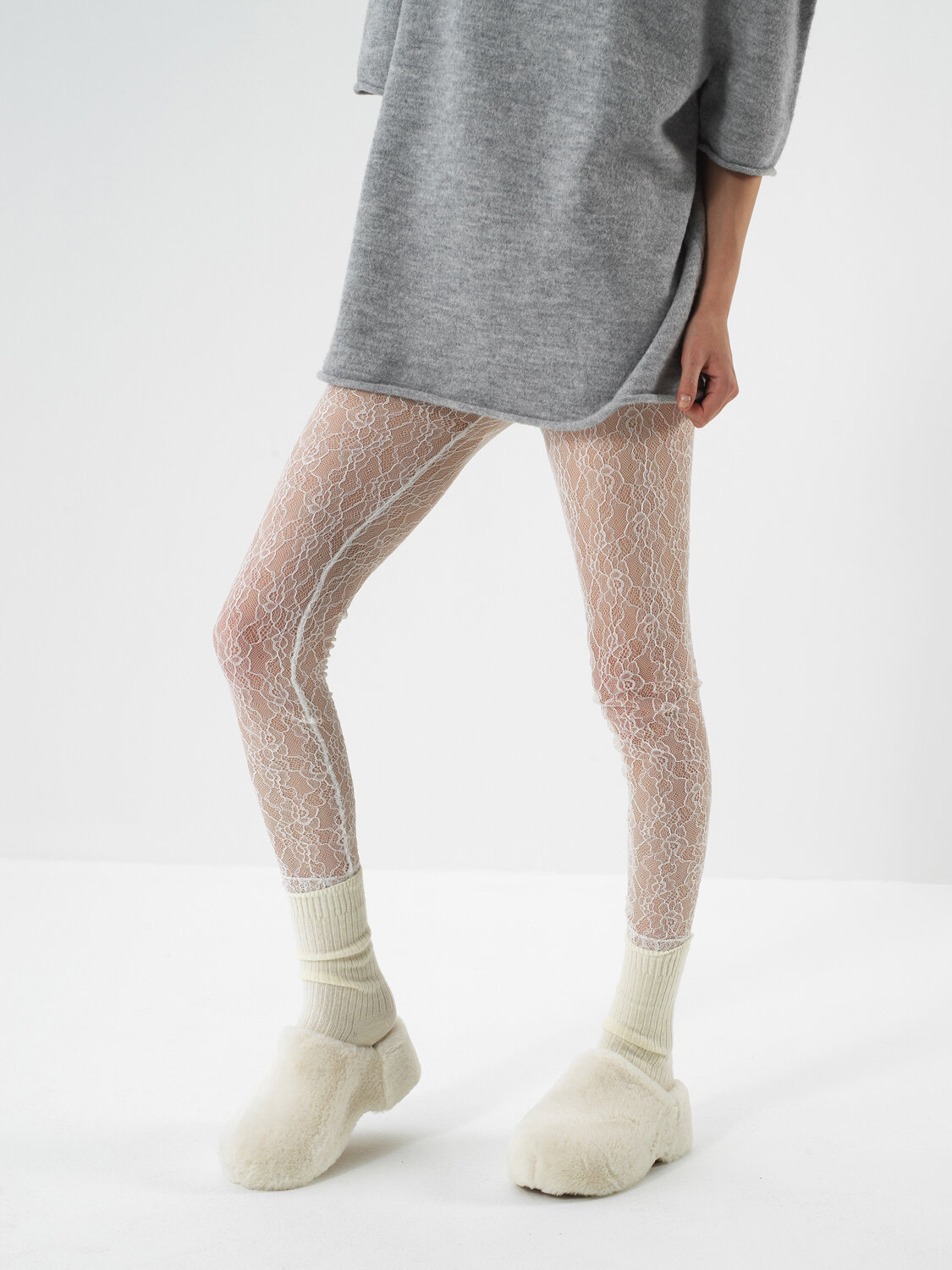 Ecru Thin Lace Detailed Slim Fit Leggings - Xint