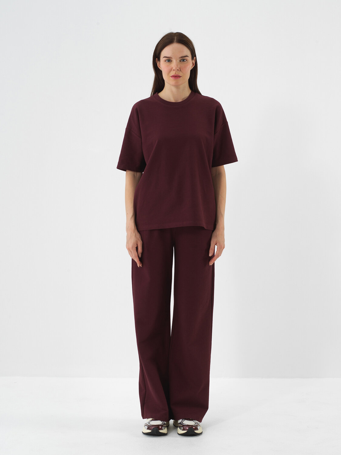 Burgundy Cotton Textured Oversized T-Shirt - Xint