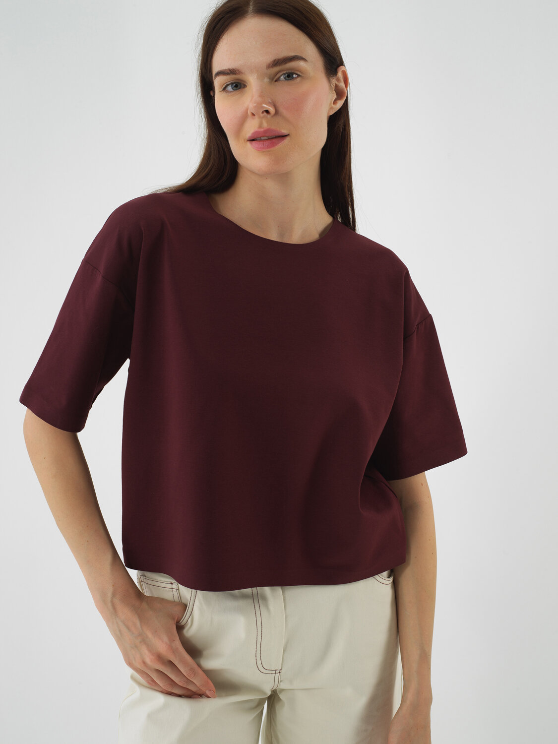 Burgundy Cotton Textured Oversized T-Shirt - Xint