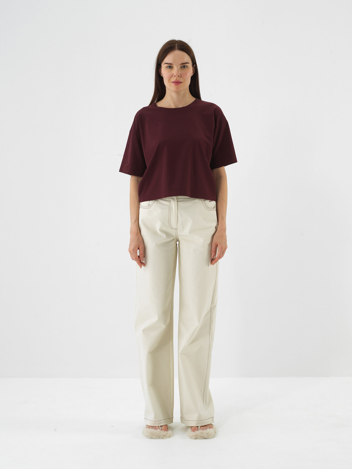 Burgundy Cotton Textured Oversized T-Shirt - Xint
