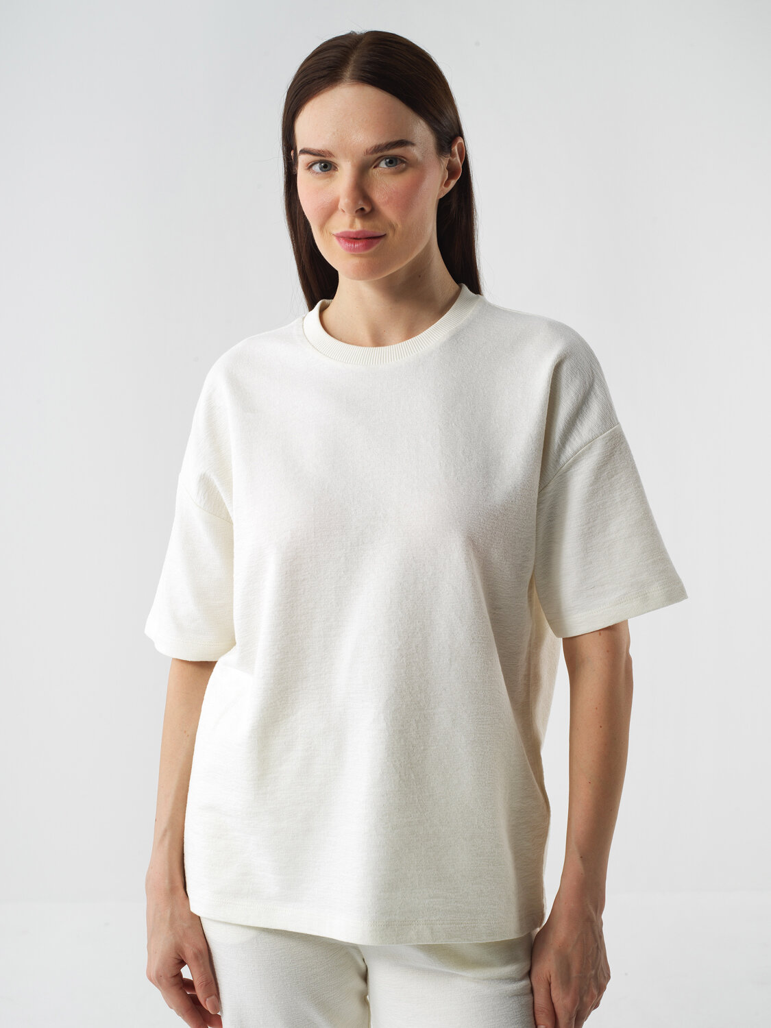 Ecru Cotton Textured Oversize T-Shirt - Xint