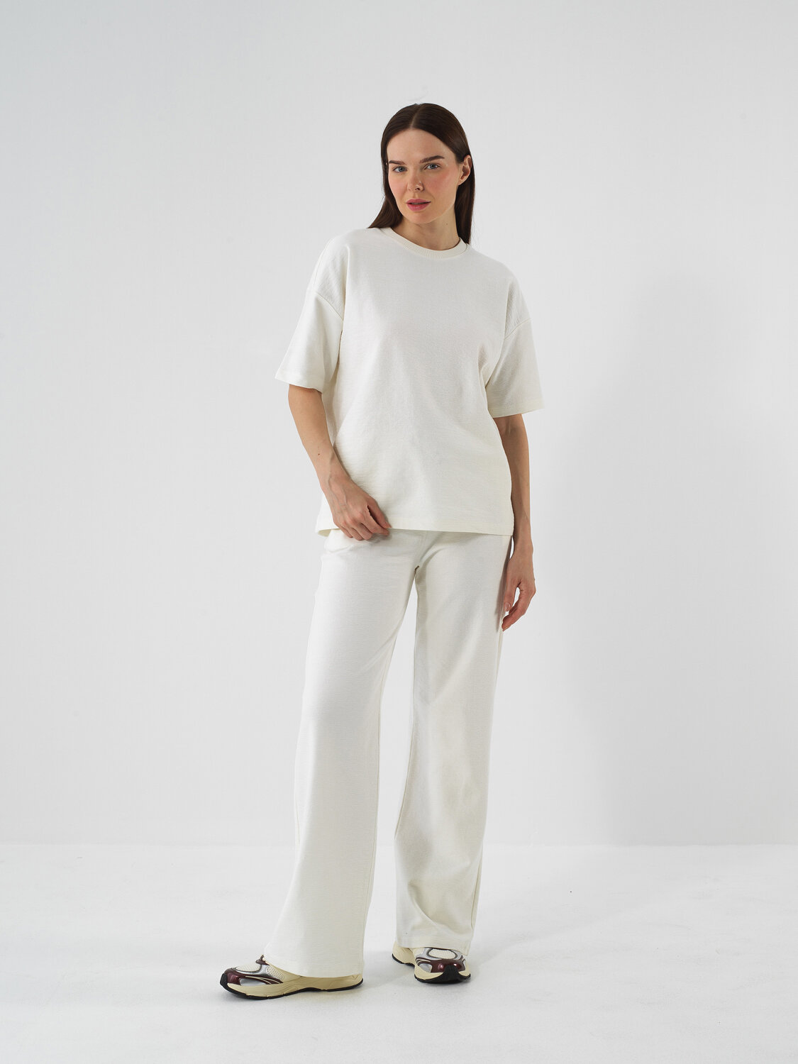 Ecru Cotton Textured Oversize T-Shirt - Xint