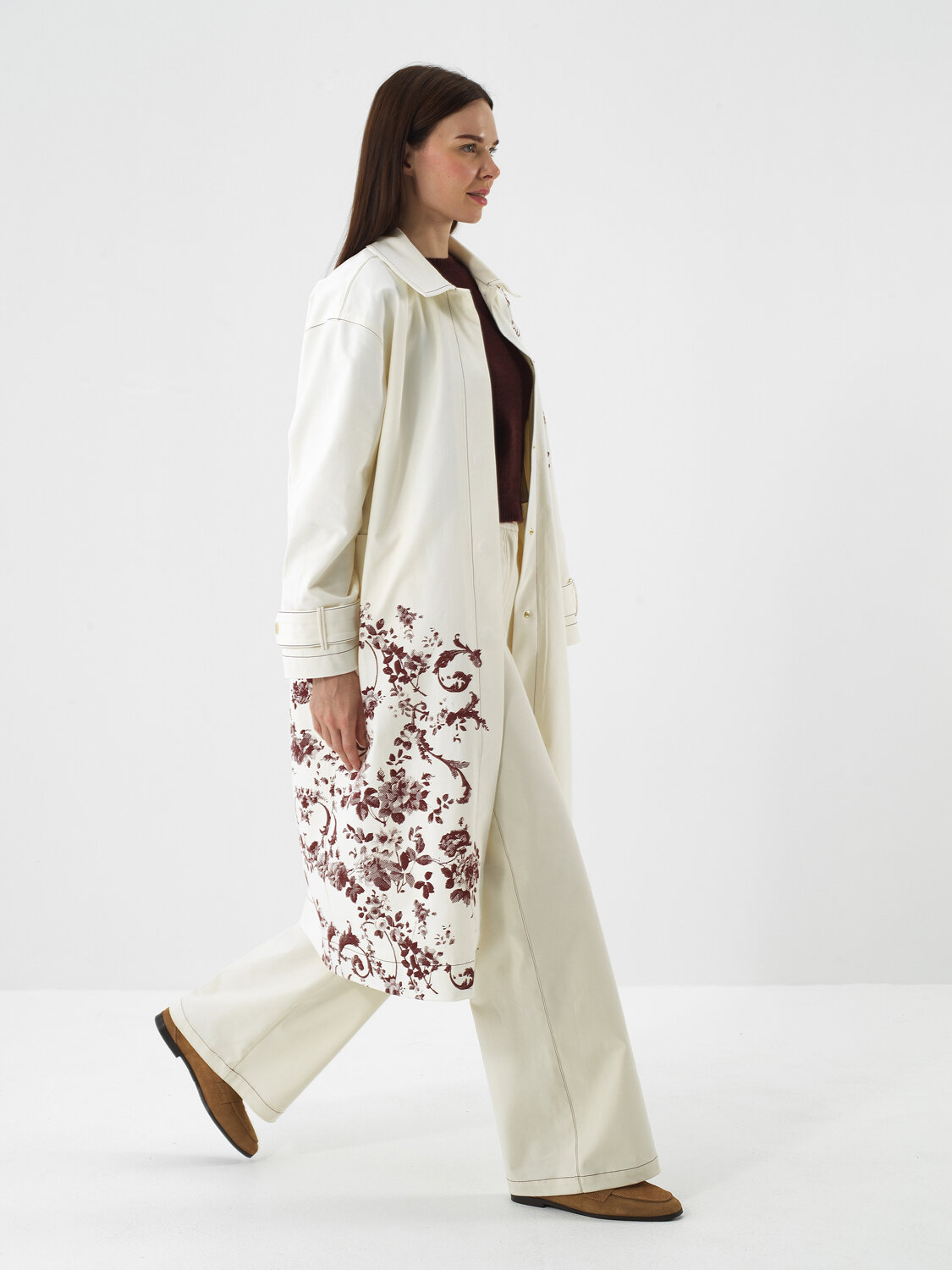 Ecru Modal Textured Oversize Trench Coat - Xint