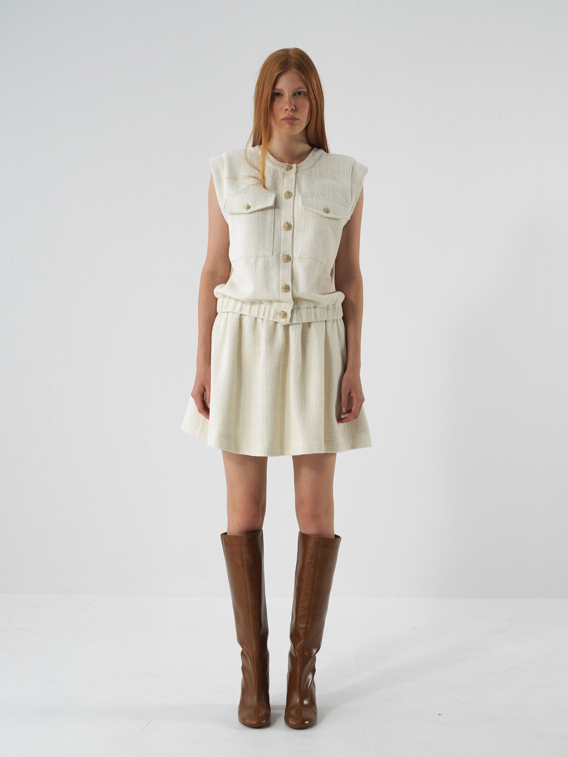 Ecru Glittery Lurex Detailed Oversize Vest - Xint